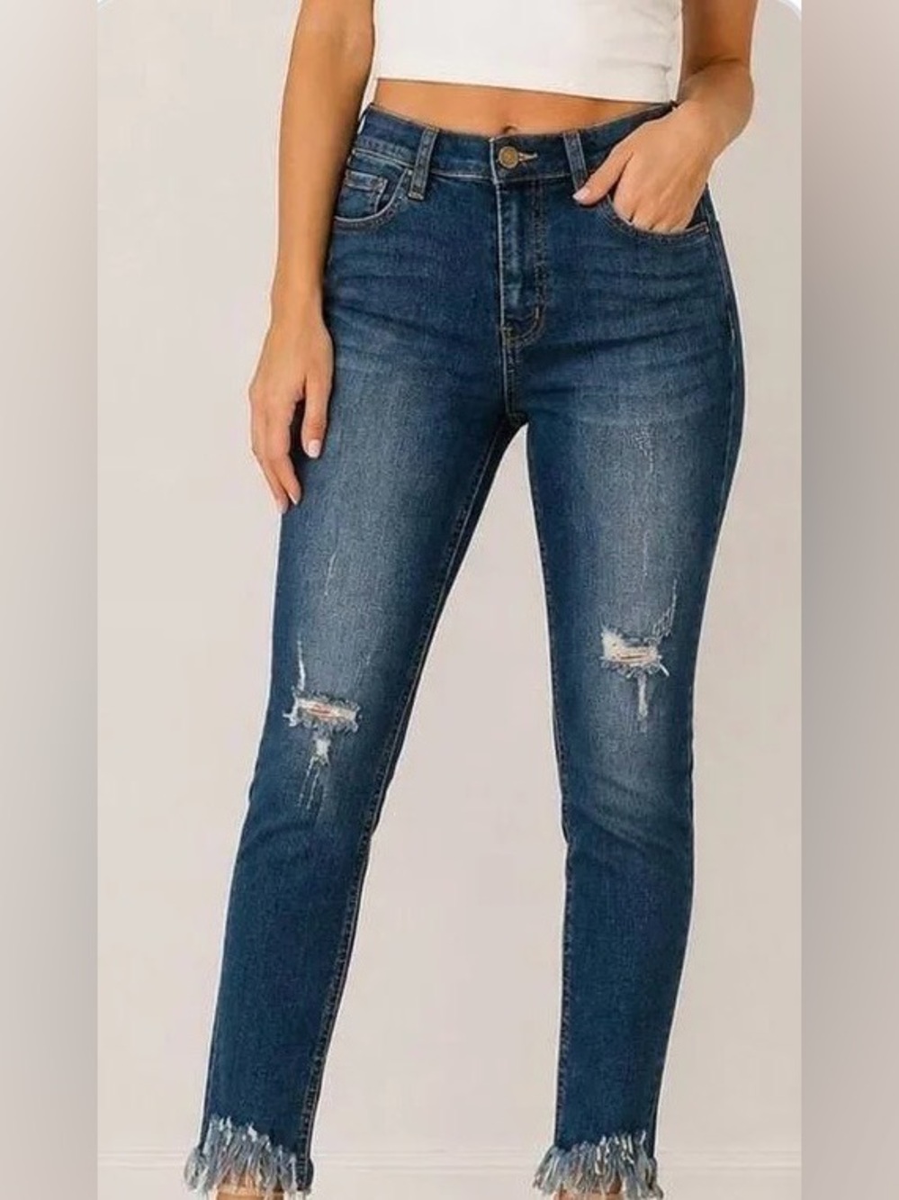 Free People Great Heights Distressed Fringe Hem Skinny Jeans Blue Size 28